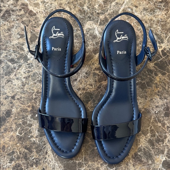 Christian Louboutin miss Jane block heel patent sandal pumps blue zaffiro sz 38 - Picture 3 of 9